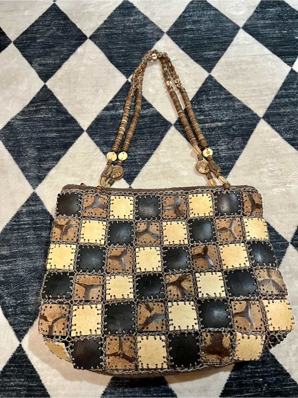 Woven wooden Patchwork Shoulder Bag in Shades of Brown